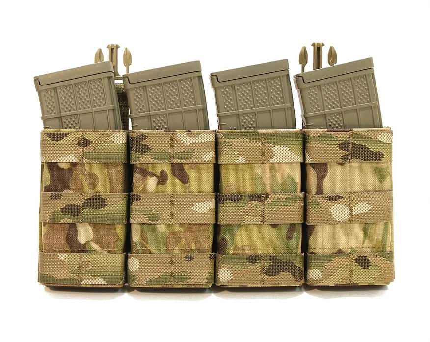 The ESSTAC KYWI quad 5.56 front panel can accommodate four M4 mags side by side, but it's pretty wide.