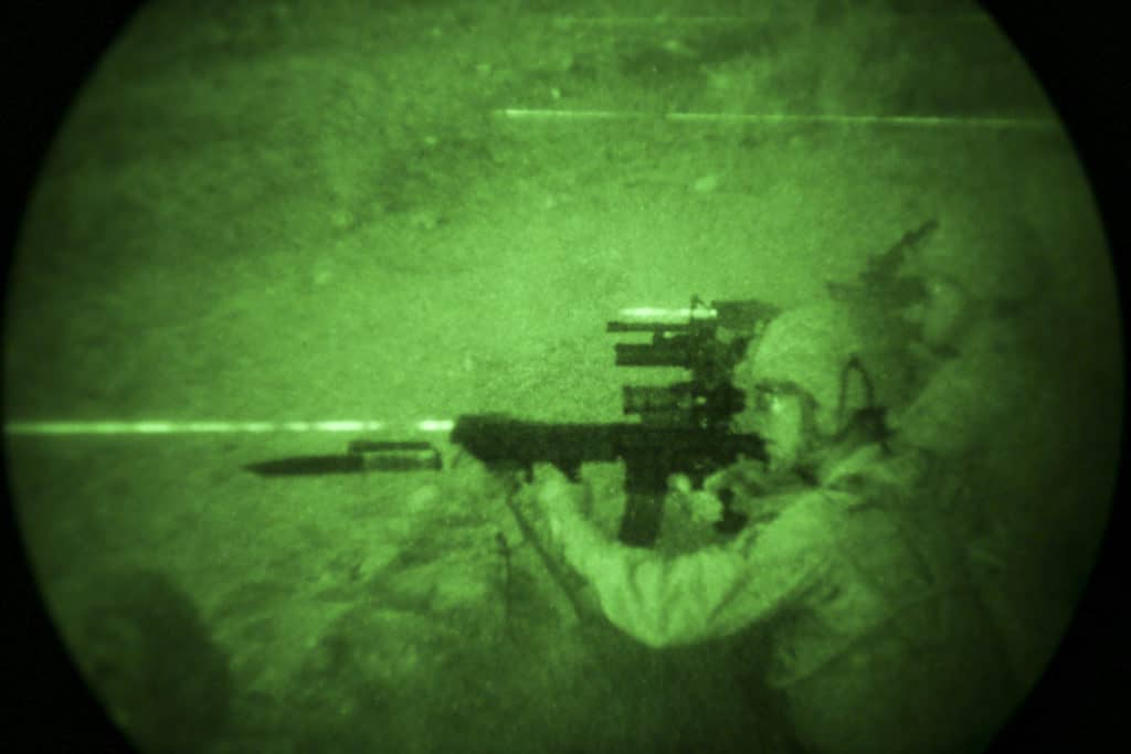 AN/PEQ-15 IR aiming laser as seen through Night Optics Device (NODs)